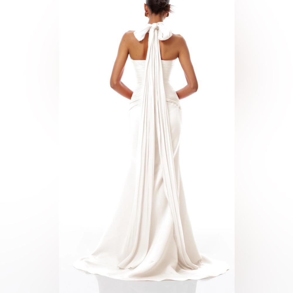 Miss Rosier Elegant White Halter Wedding Dress with Draped Train - Picture 4 of 9